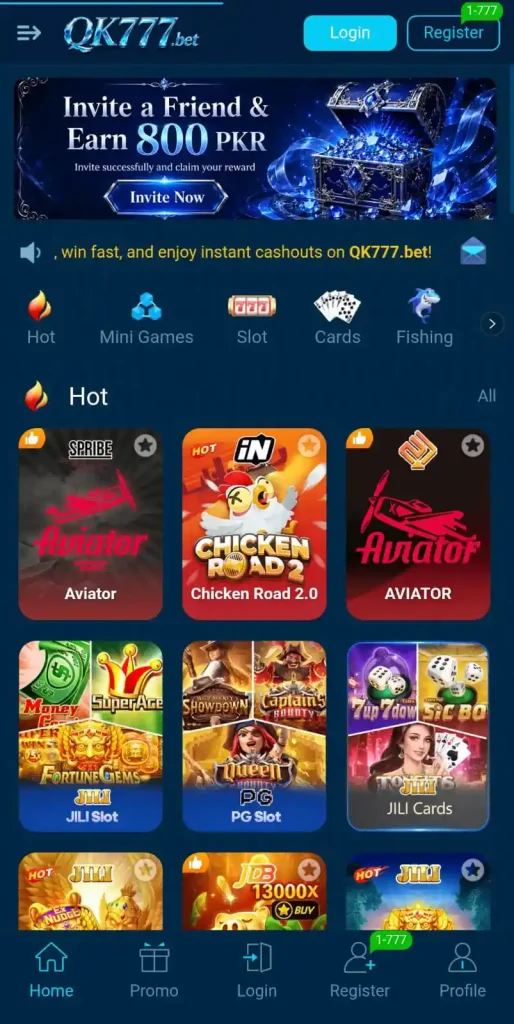 QK777 Game Homescreen
